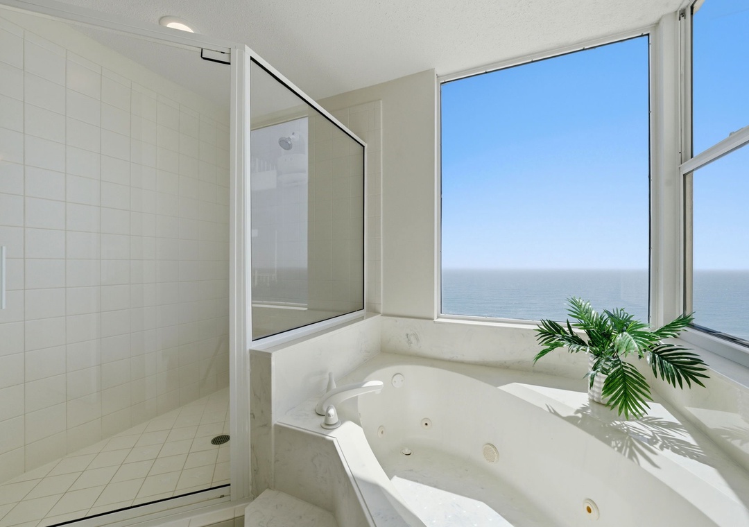 Beach Colony West 15C- Bathroom 1 Separate Shower & Jetted Tub Overlooking the Gulf