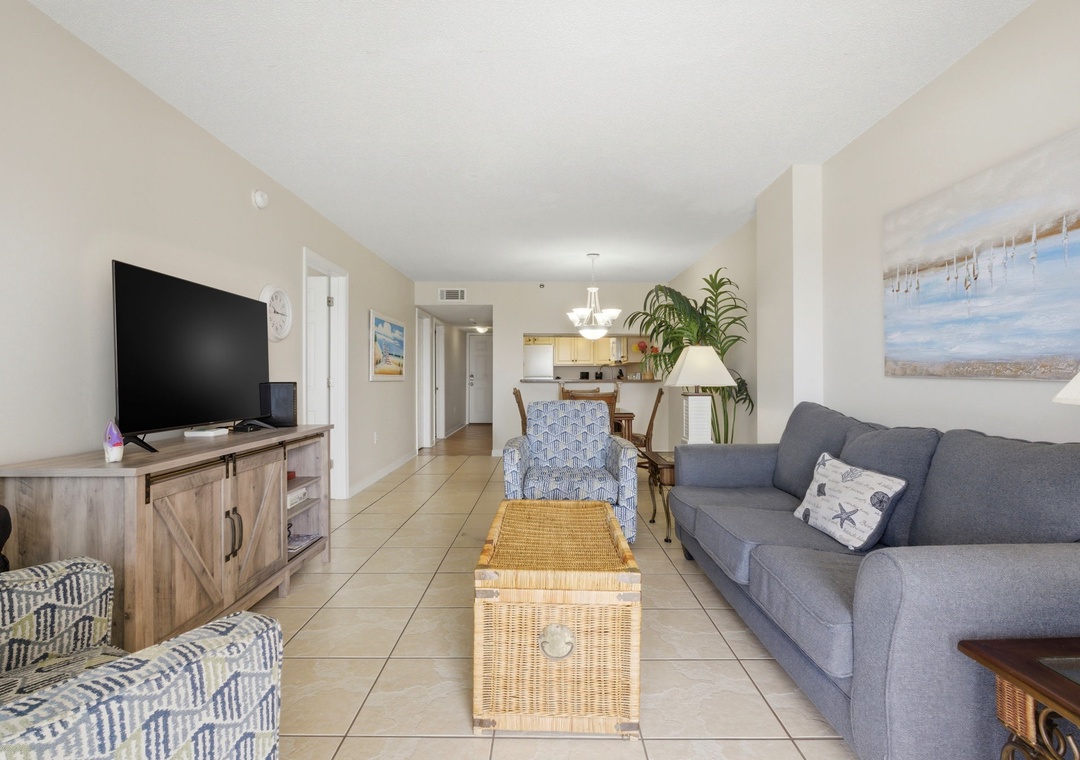 Ocean Breeze East 702- Living Room, TV towards the Dining Room