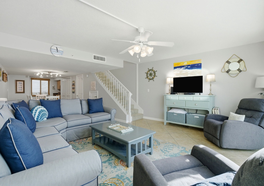 Perdido Towers 707- Living Room, TV & Staircase View
