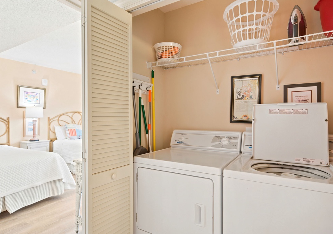 Sandy Key 338- Your in-unit washer and dryer with convenient shelving makes it easy to keep beach towels and clothes fresh during your stay.