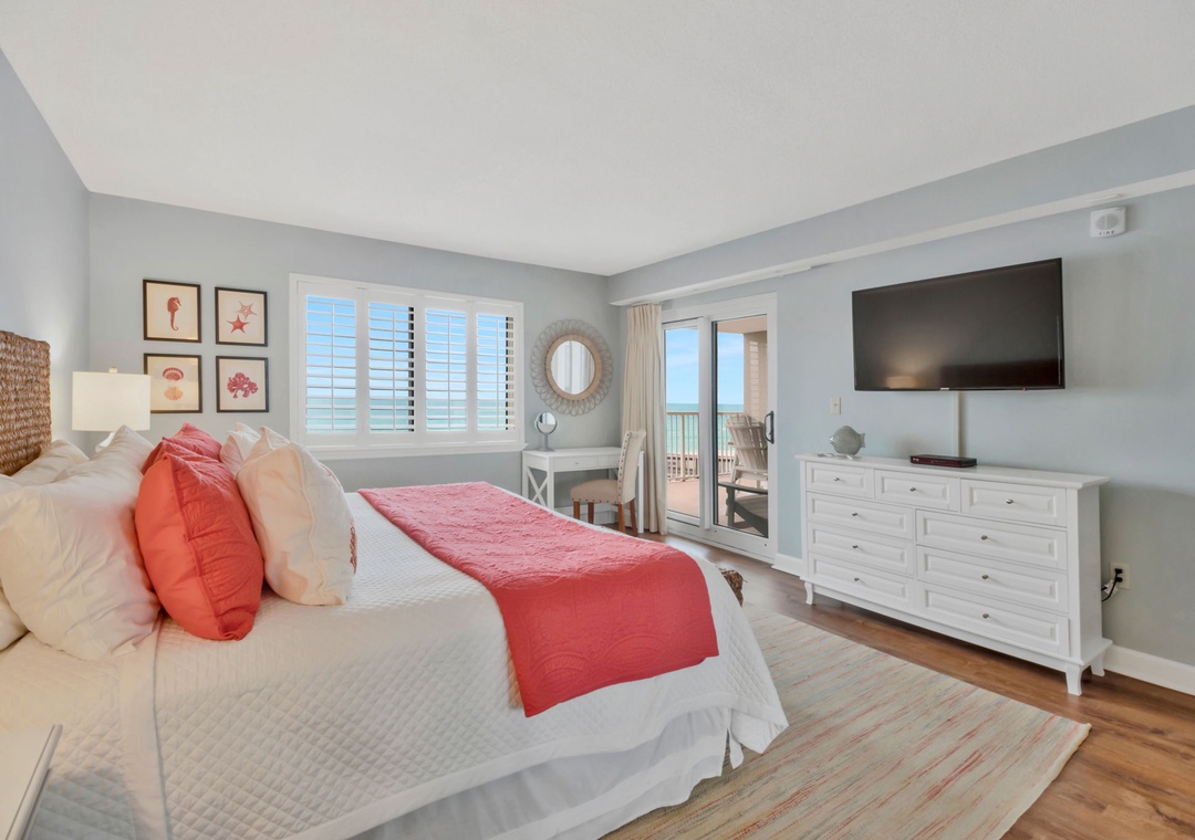 Sandy Key 217- Bedroom 1 with View to Balcony & TV