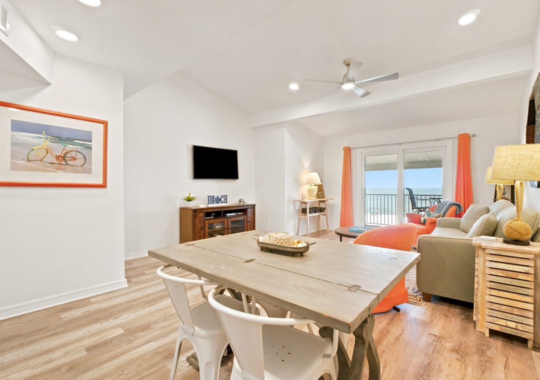 Gulfside Villas 2B- Step into your bright, beach-inspired retreat, where coastal charm meets modern comfort. Relax in the open living space with ocean views, a cozy seating area, and dining for memorable meals together.