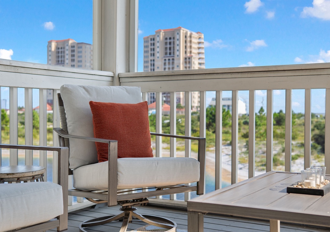 Saltwater & Sunsets- Settle into your private balcony and take in the open sky and city skyline—a perfect spot for morning coffee or evening unwinding with a view.