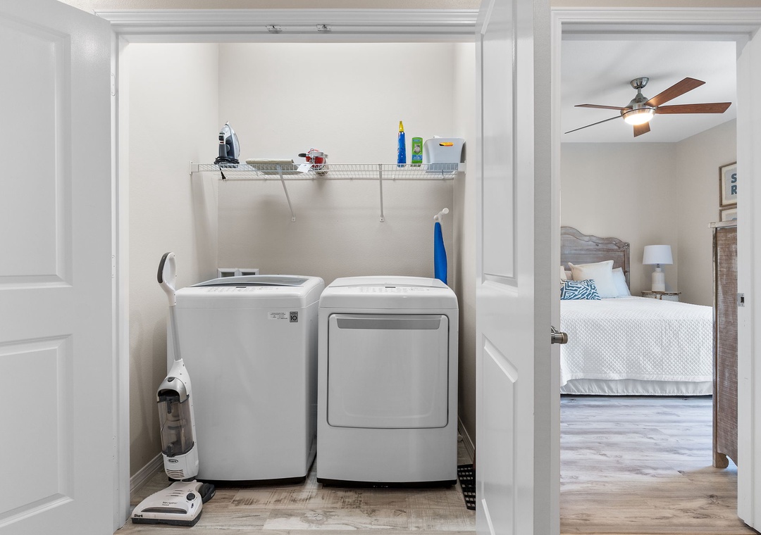Turtles Nest- Your vacation home features a convenient in-unit laundry closet with a full-size washer and dryer, making it easy to pack light and keep fresh during your stay.