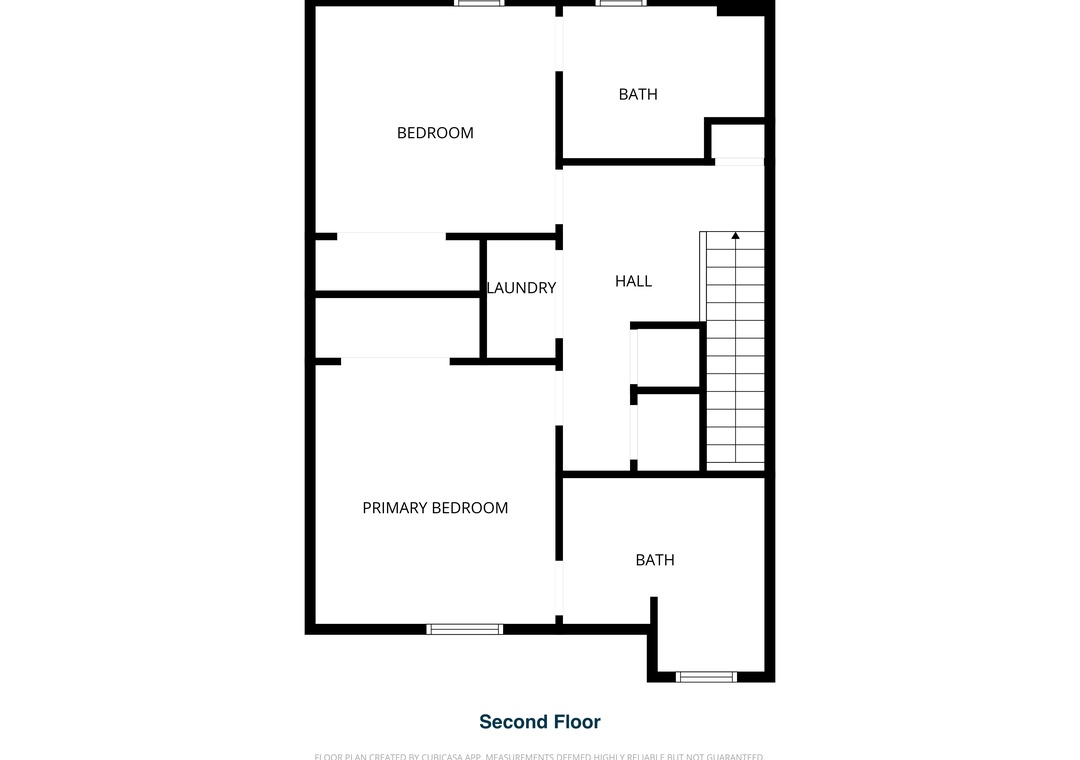 Turtles Nest- Second-floor layout featuring two bedrooms, two baths, laundry, and hallway—spacious design for your comfort and convenience.