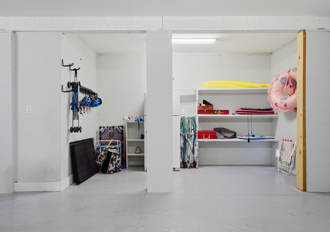 Organized storage space with built-in shelving, gear hooks, and plenty of room to keep your belongings tidy and accessible during your stay.