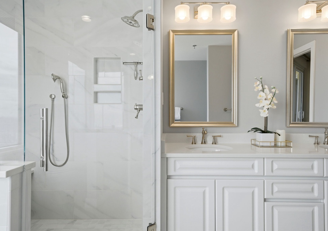 Beach Colony Tower PH1B - Step into your elegant en-suite bathroom, where bright white finishes and gleaming fixtures create a serene, spa-like atmosphere for your morning routine or evening refresh.