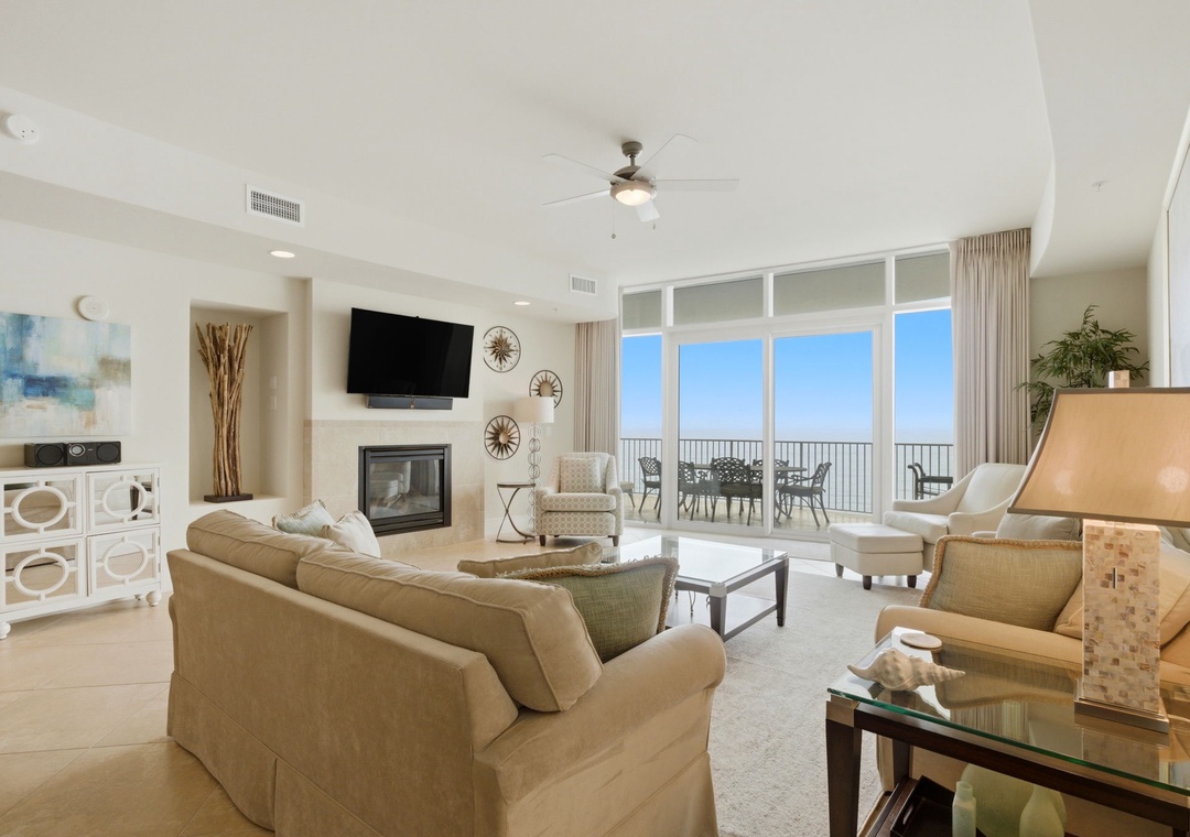 Turquoise Place 1108C- Living Room View of Balcony, TV & Fireplace