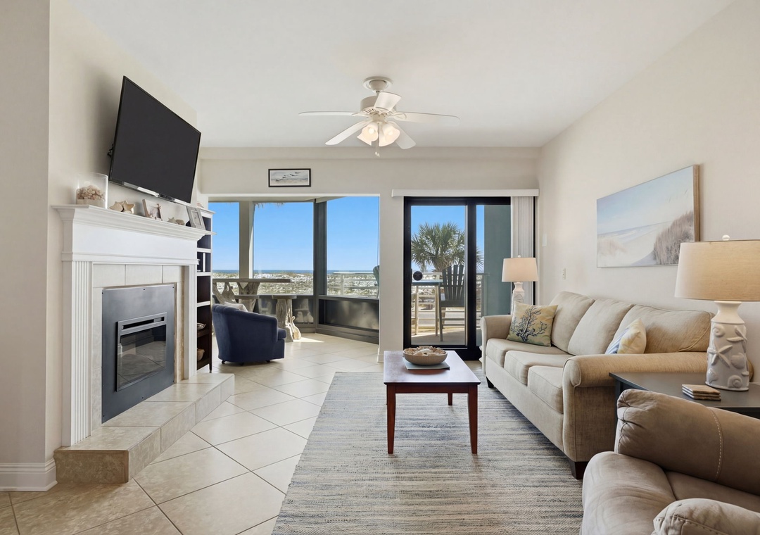 Palm Beach Club 119- Living Room View towards the Balcony & Gulf