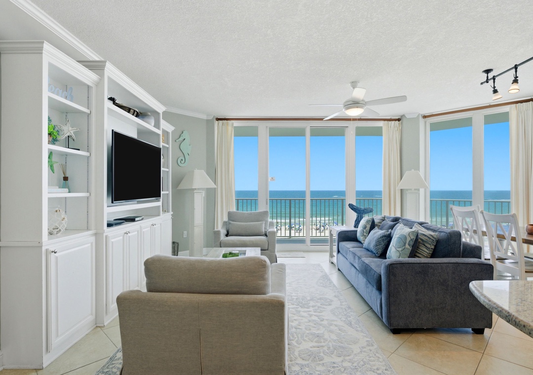 Lighthouse 418- Imagine unwinding on a plush sofa with stunning oceanfront views framing every moment. Your coastal retreat awaits with breezy elegance, comfortable seating, and a soothing palette that mirrors the sea.