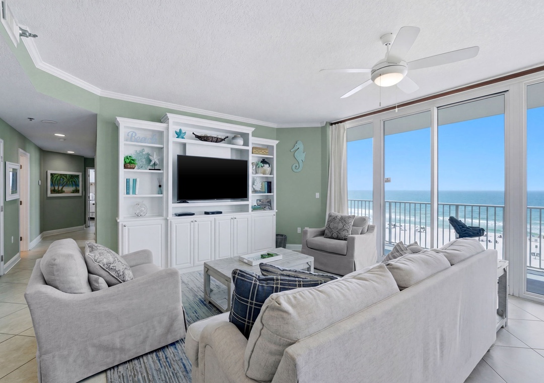 Lighthouse 418- Living Room, TV & Balcony View