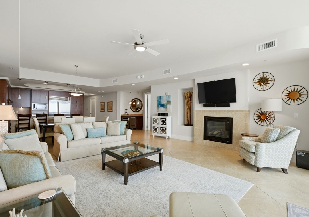 Turquoise Place 1108C- View of Living Room, Fireplace & TV