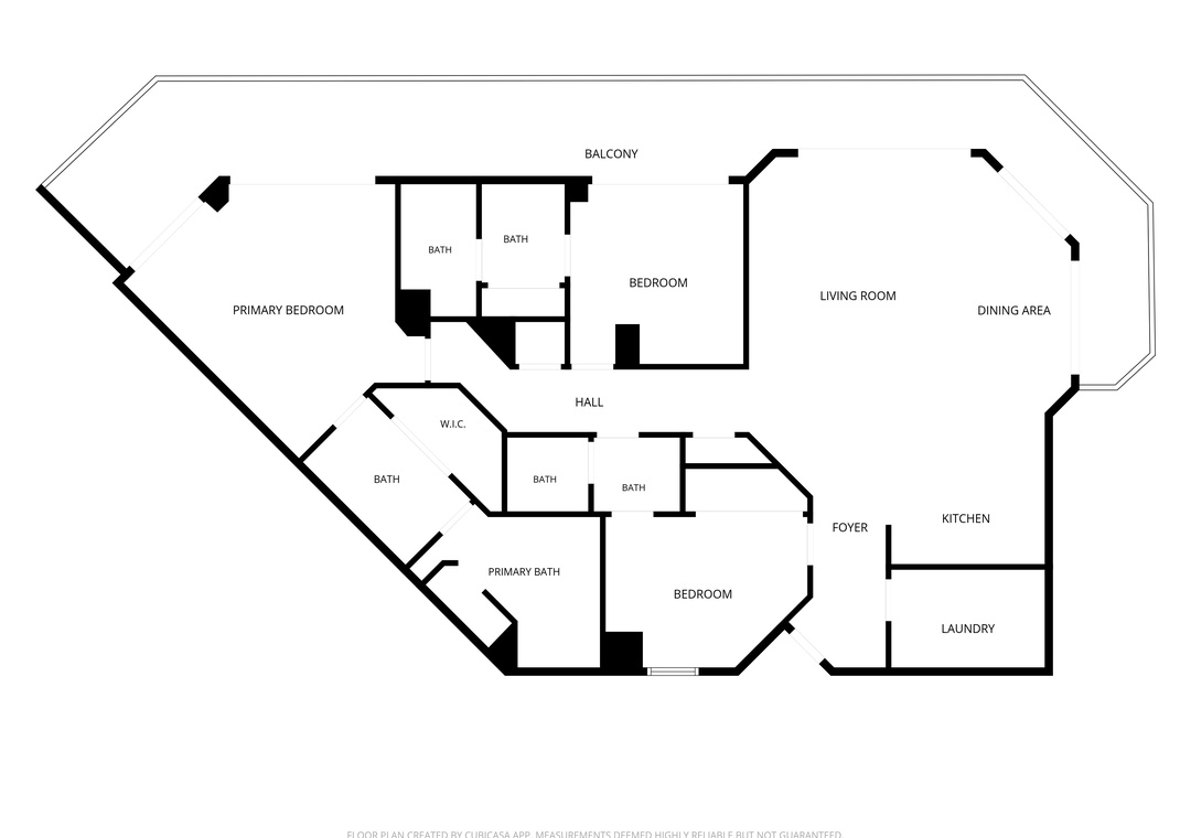 A detailed floor plan displaying three bedrooms, multiple bathrooms, a spacious living area, dining room, and kitchen with laundry, plus a private balcony—perfectly laid out for comfort.