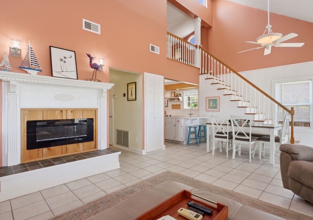 Dunestruck- Living Room & Fireplace View towards Dining, Kitchen & Loft