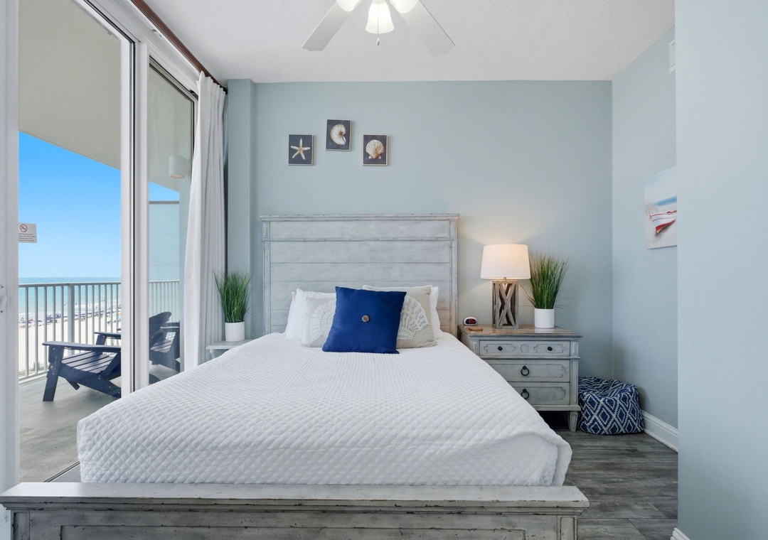 Lighthouse 418- Wake up to serene coastal tranquility in your beach-themed bedroom. Step through the balcony doors to enjoy your morning coffee with an uninterrupted view of sand and surf.