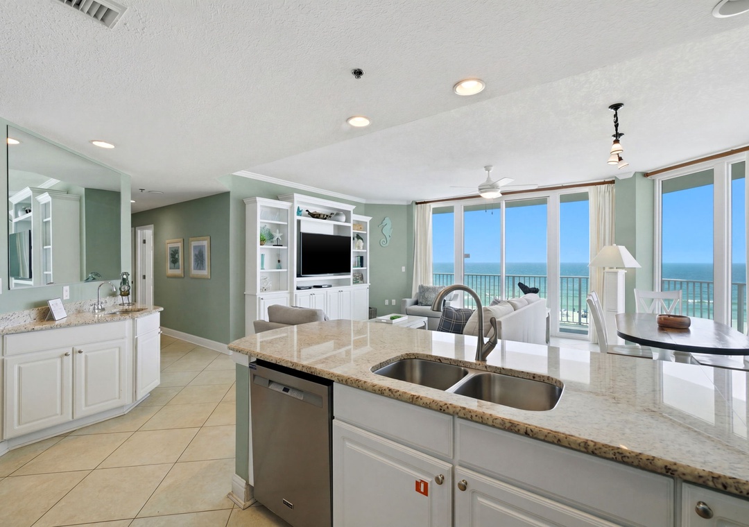 Lighthouse 418- Kitchen View towads Living Room & Balcony