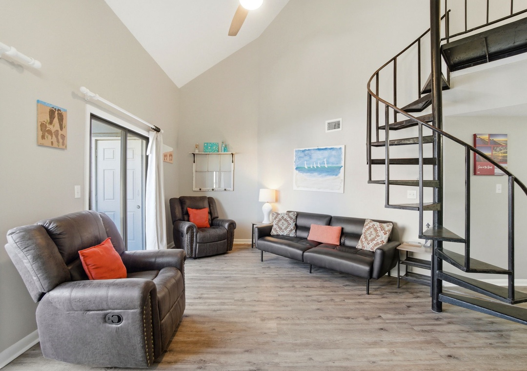 Regatta Condo 304C- Living Room & View of Stairwell to Loft