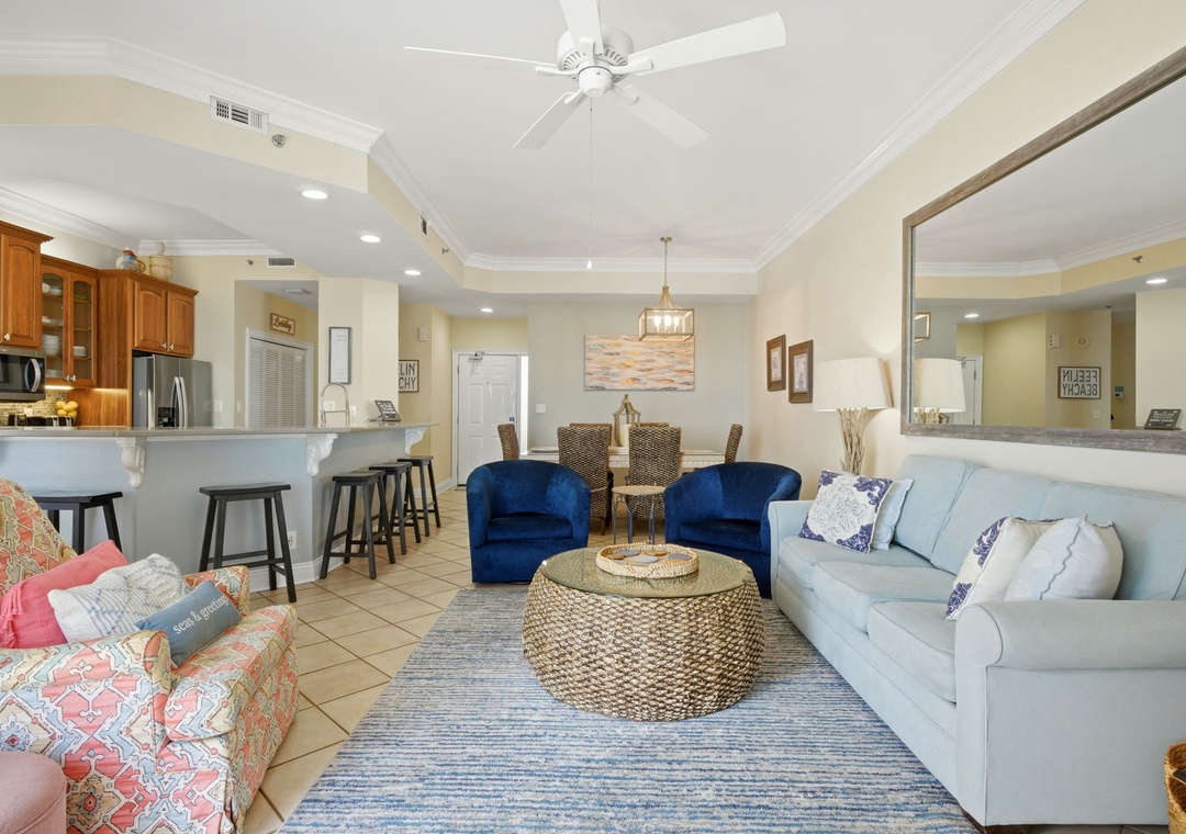 SeaChase 1104C- Living Room Towards Dining Room & Kitchen