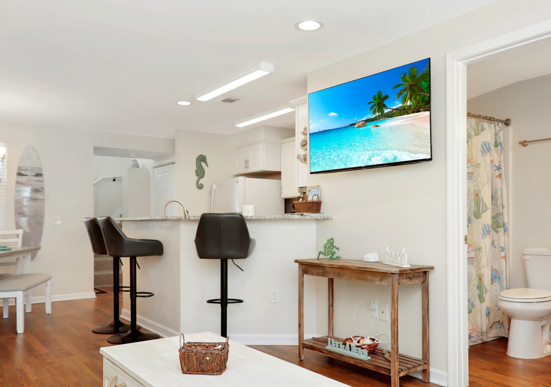 Living Room TV and Full Bathroom