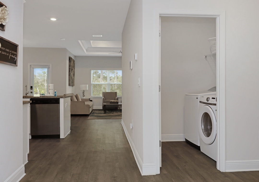 Kitchen and Living Area and Laundry Room