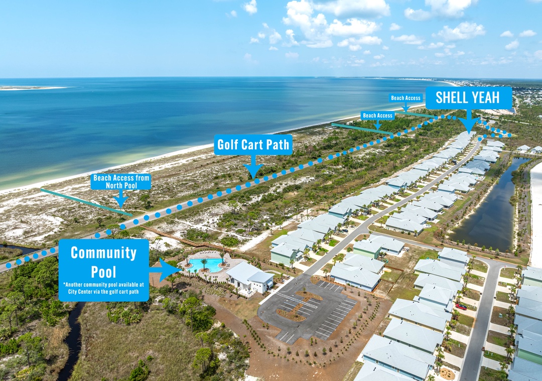 Distance to beach, pool, golf cart parking