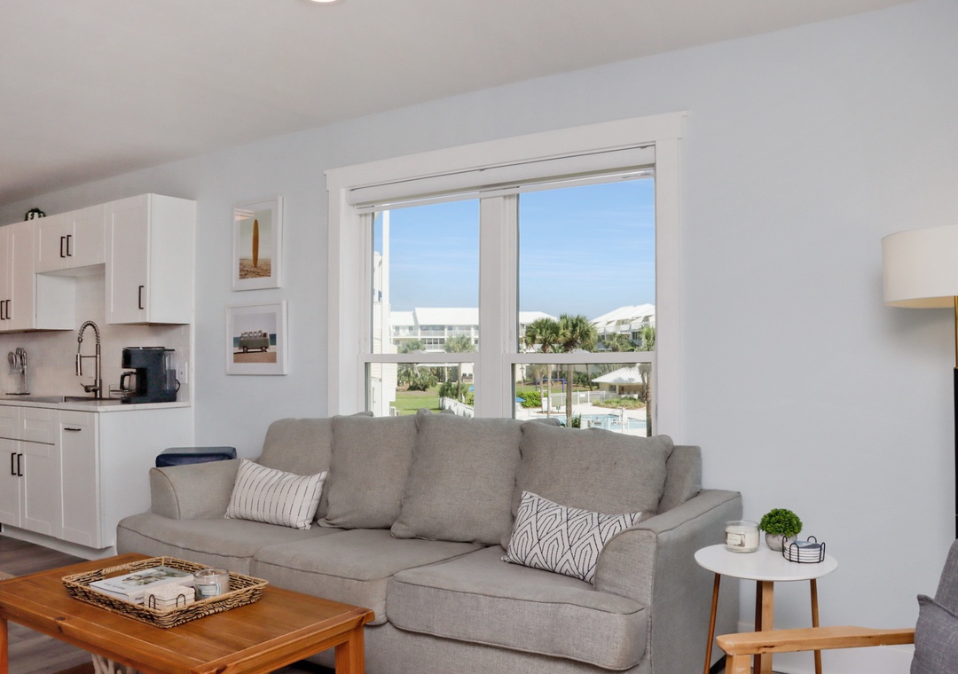Living Room with View of Community Pool