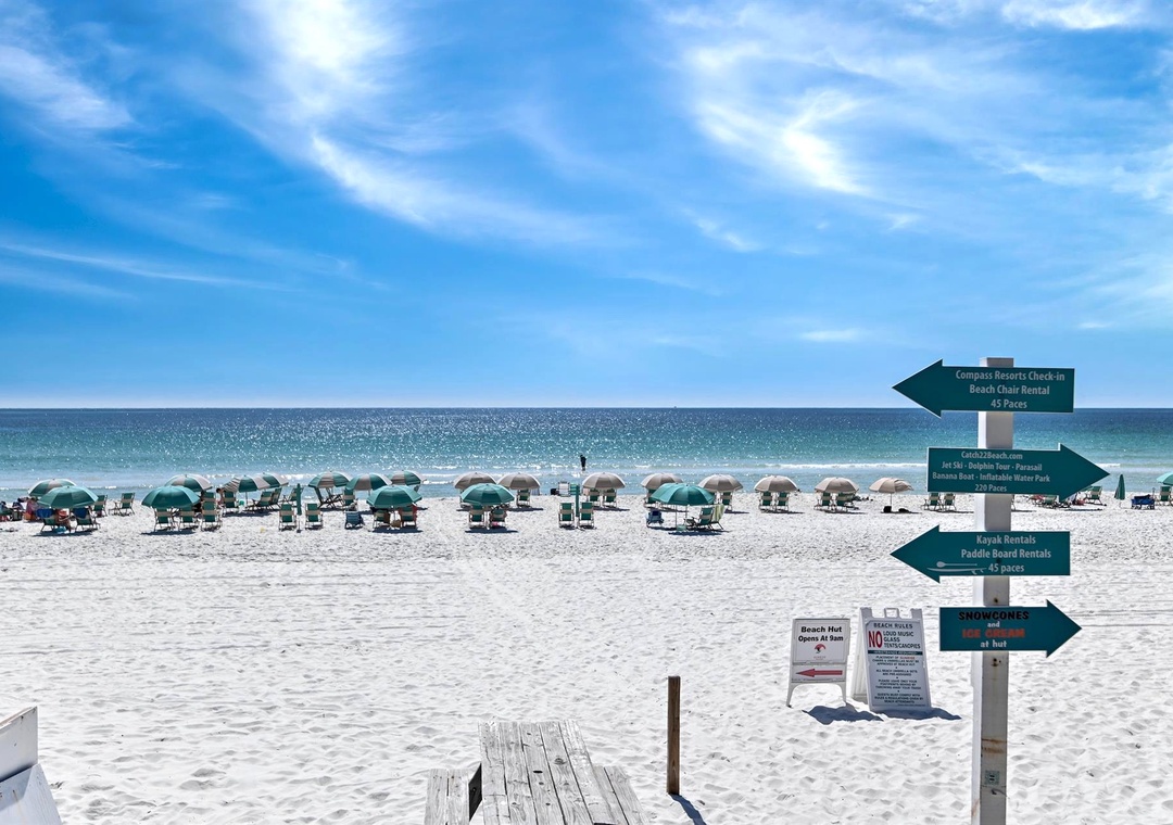 Crystal white sands at the Silver Shells beach front