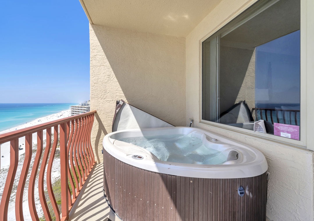 Relax in the private hot tub with Gulf views