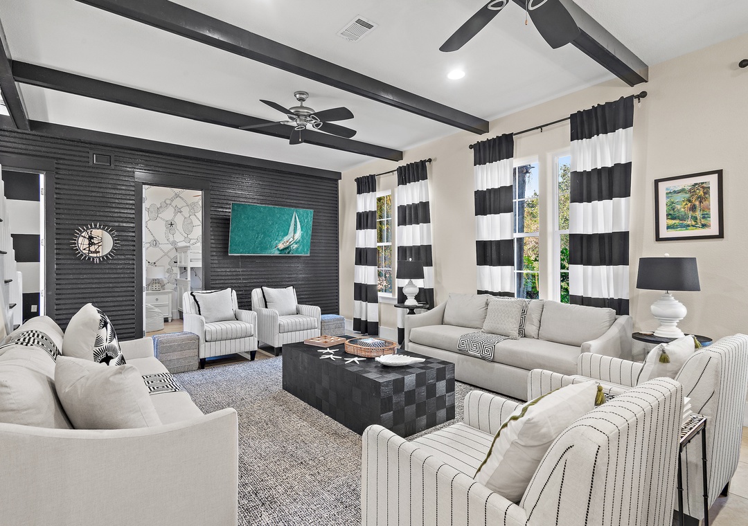 Living room with mounted flat-screen TV