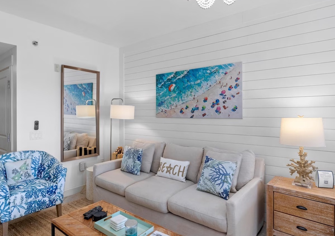 Cozy living area with sleeper sofa and beautiful coastal décor