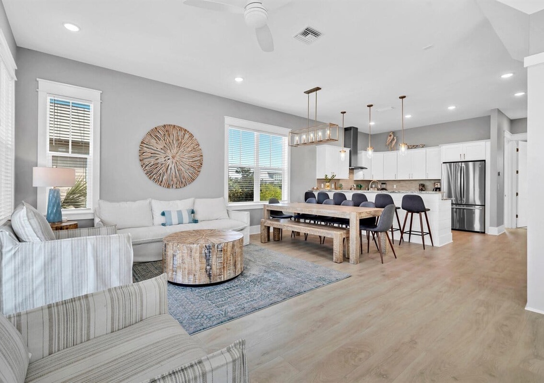 Living room, dining area & kitchen