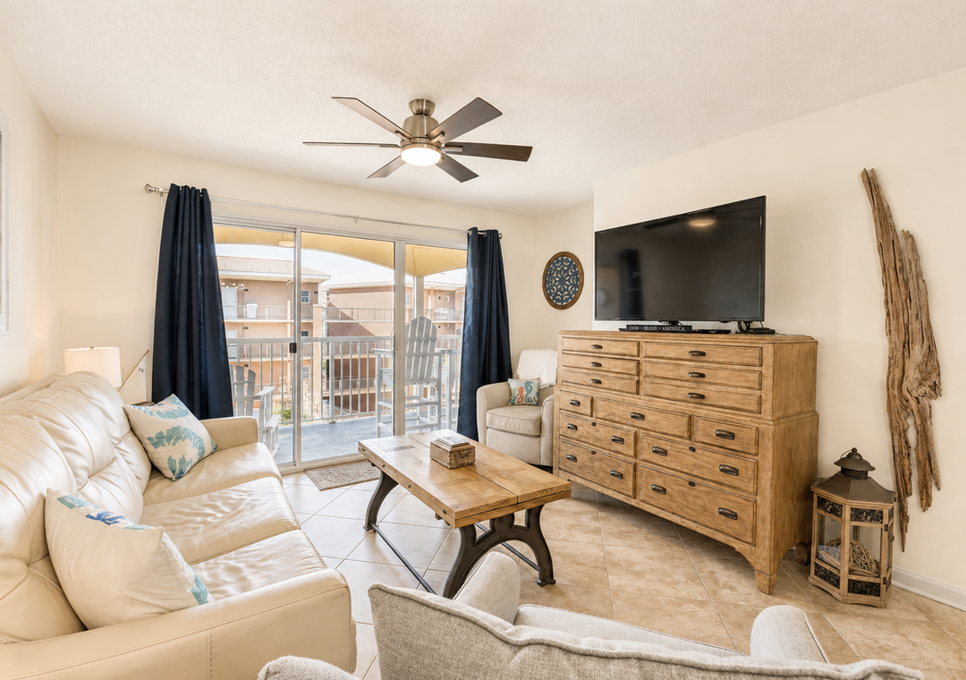 Open-concept living room with comfortable seating and Smart TV