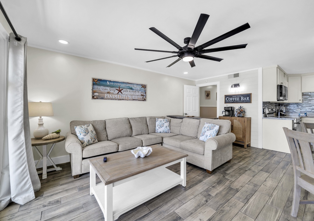 Neutral toned, coastal themed living room