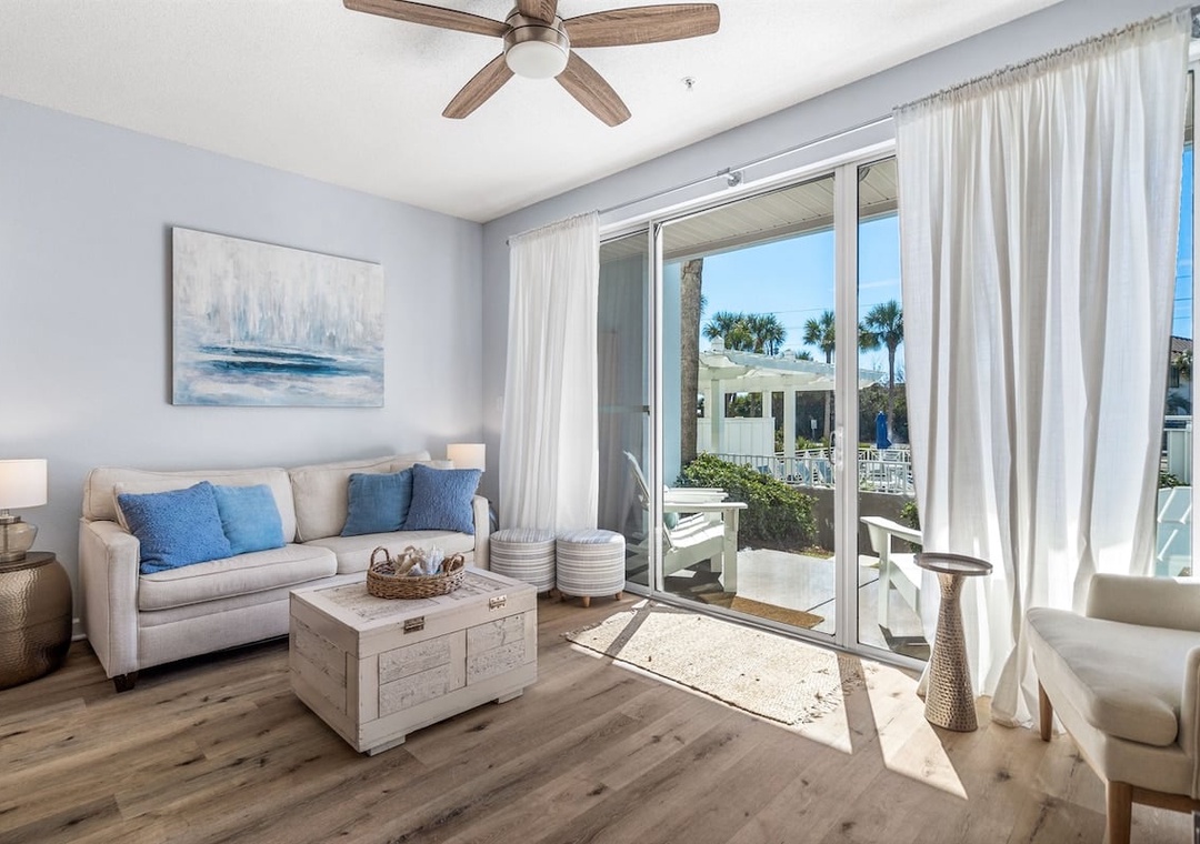 Bright and inviting living space perfect for relaxing after the beach