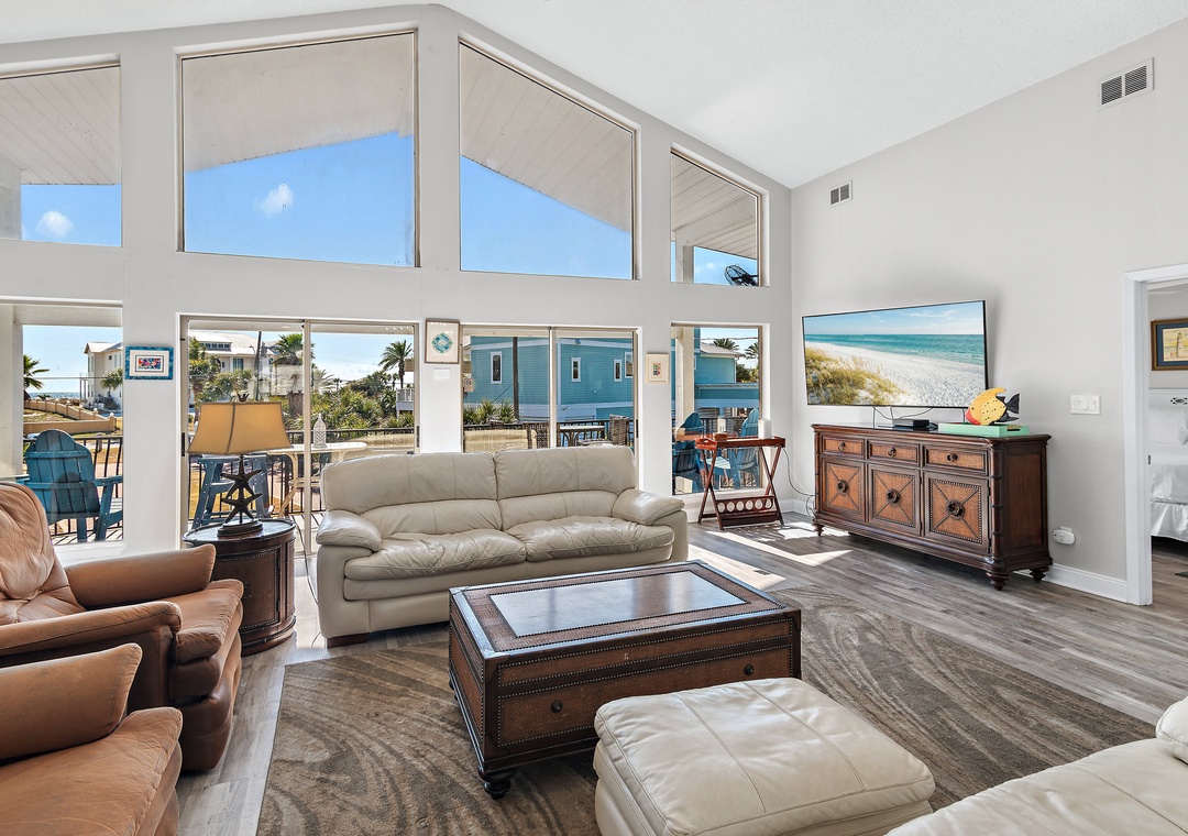 Stunning living room with high ceilings