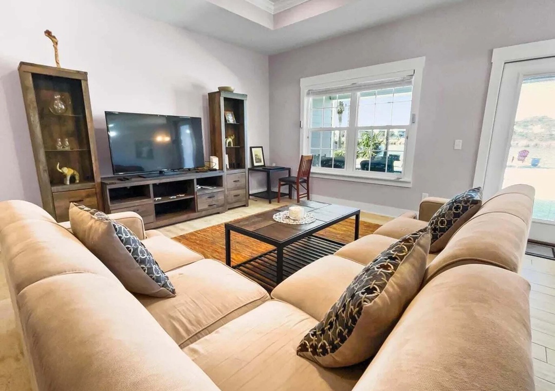 Living room with large flat-screen TV