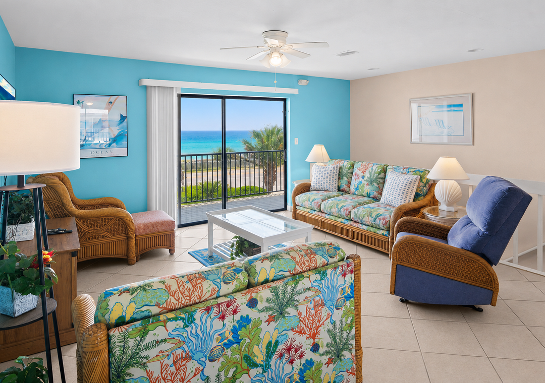 Sink into tropical comfort with the Gulf right outside your window. Playful coastal prints, plush seating, and front-row water views.