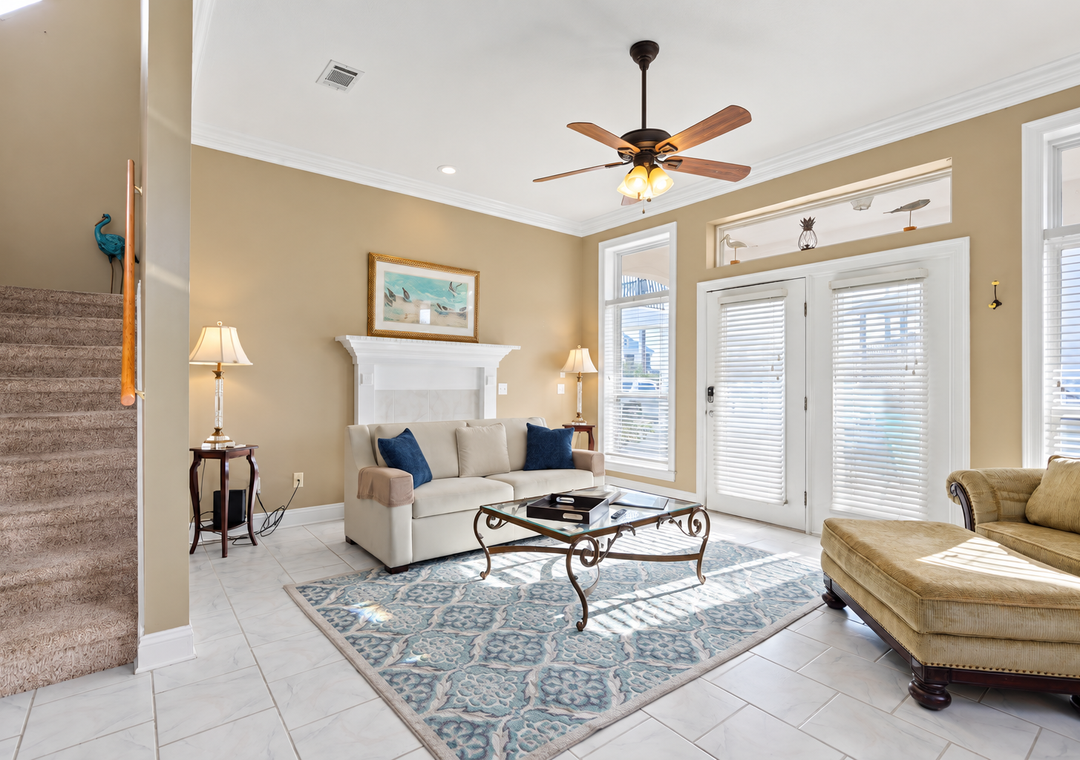Coastal Living Room with French Doors