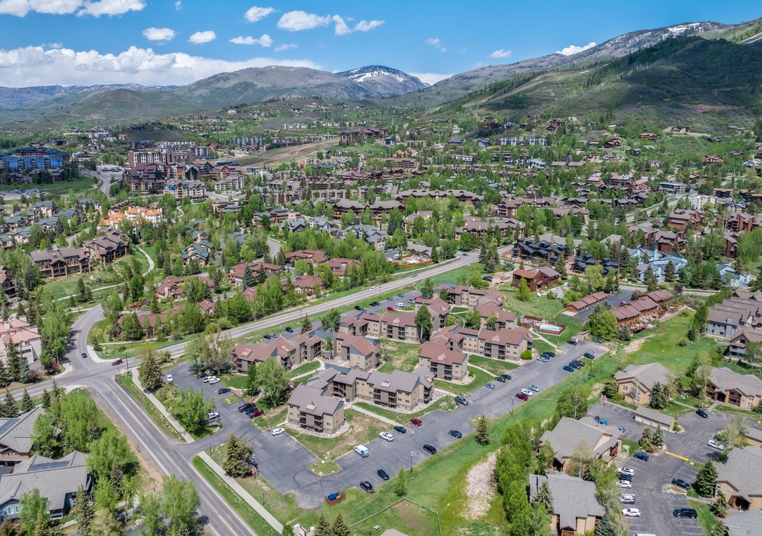 Aerial view of a mountain resort community
