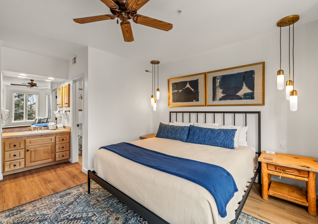 Sink into your comfortable bed with crisp linens , while gentle ceiling fan breezes create the perfect sleeping sanctuary.