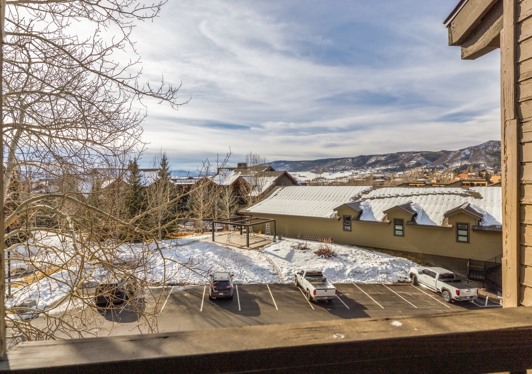 Winter mountain views showcase snow-dusted peaks and peaceful valley scenery from this elevated property location.