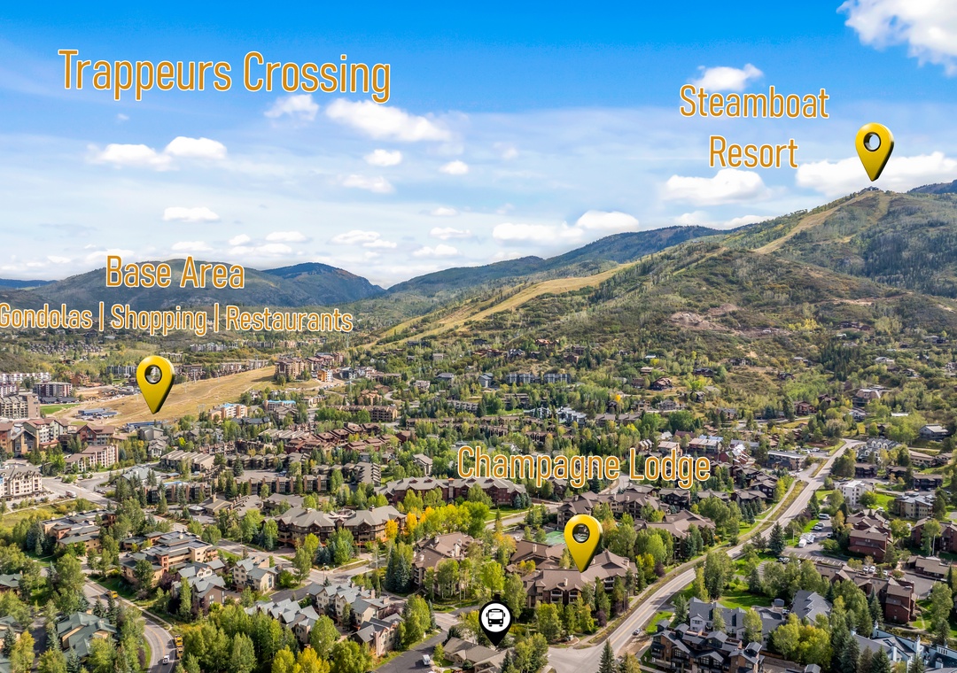 Aerial view of Steamboat Resort's valley location amid rolling mountain terrain and convenient base area amenities.