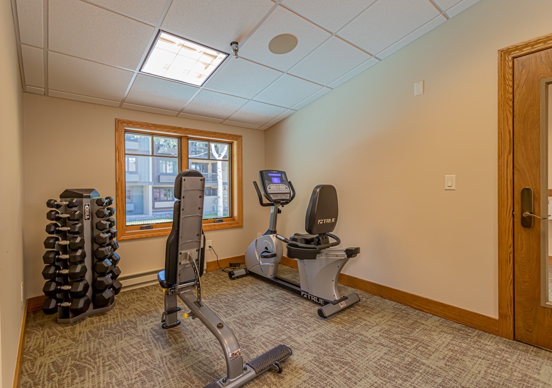Your private fitness space awaits, featuring a recumbent bike, adjustable weight bench, and free weights—everything you need to maintain your workout routine while away from home.