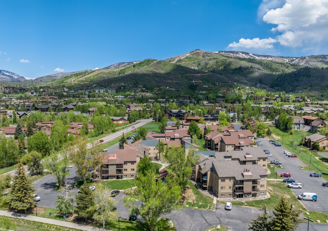 Aerial view of a mountain resort community