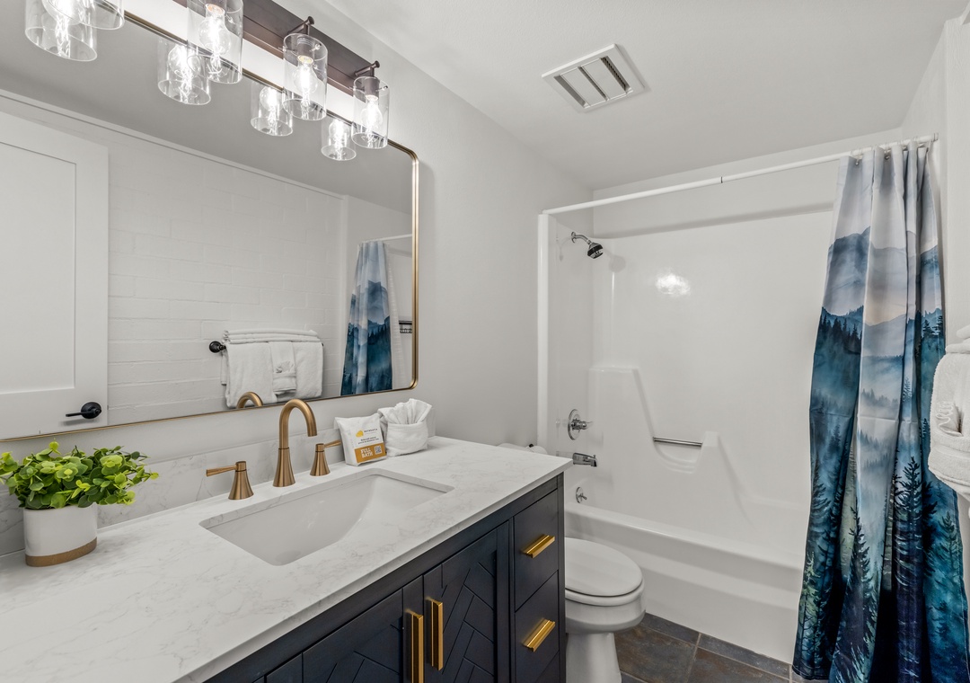 Relax in your beautifully appointed bathroom featuring elegant fixtures, a soaking tub, and stylish blue mountain-themed curtains just out side the main level bedroom.