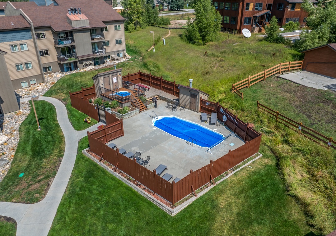 Aerial view of the property's pool