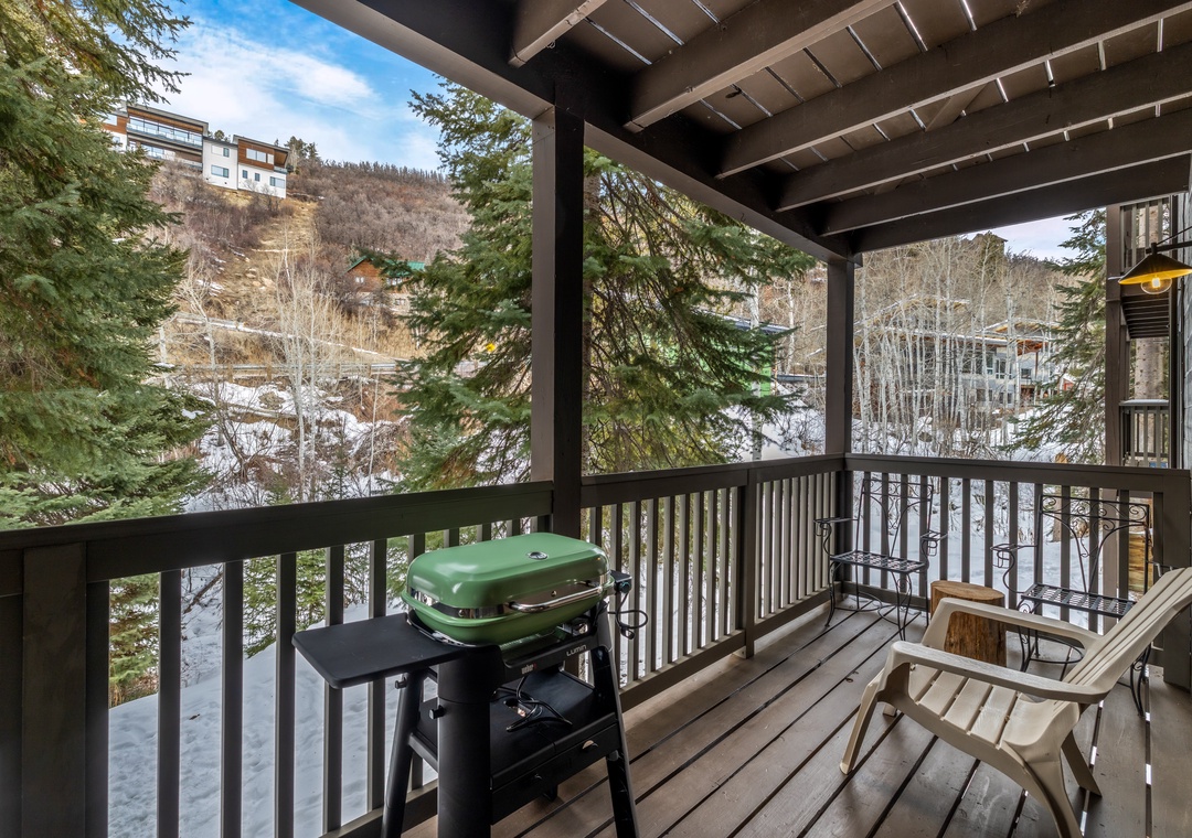 Relax on your private balcony with mountain views while grilling fresh meals and enjoying the peaceful winter surroundings.