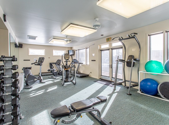 Step into a bright, spacious fitness center where you can maintain your workout routine with modern equipment and enjoy natural light streaming through windows.