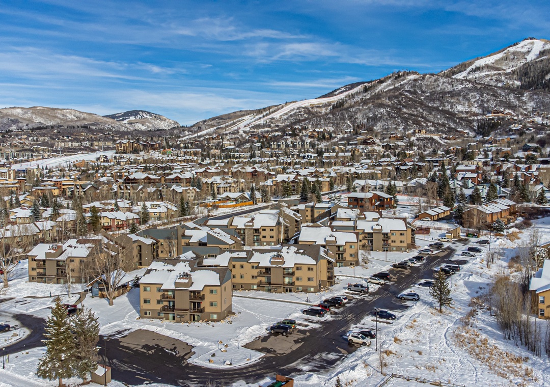 Aerial view of a mountain resort community