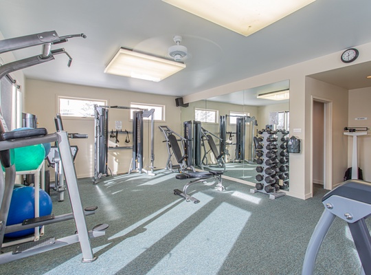 Step into a bright, fully equipped fitness center where you can maintain your workout routine with cardio machines, free weights, and strength equipment—all in a spacious, welcoming environment.
